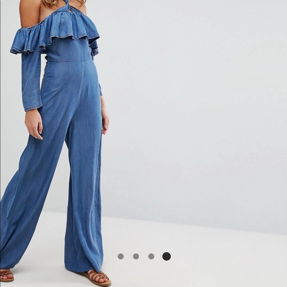 ASOS denim off shoulder jumpsuit w/ wide legs